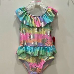 Little Girl’s Rainbow Palm Tree Overlay One Piece Swimsuit